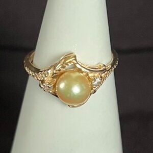 Vintage 1940's Japanese Akoya Golden Pearl & White Topaz 10K Gold Ring sz 5
